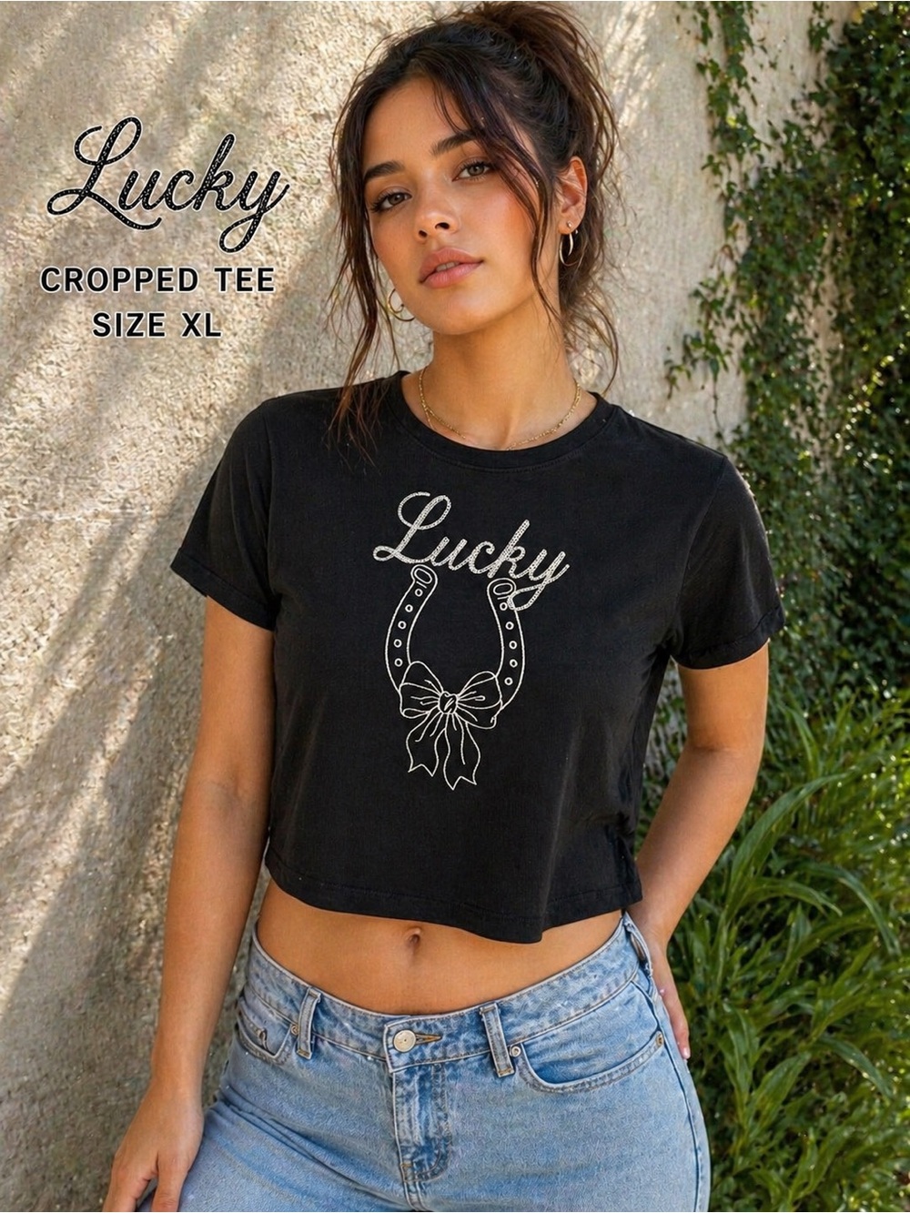 Lucky Horseshoe Tee Cropped Black Western Cowgirl Graphic Top XL, NWOT